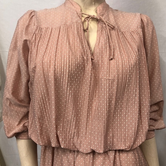 VTG 70s TROLLEY CAR Blush Pleated Bodice Button 3/4" Sleeve Secretary Dress L - Picture 5 of 13